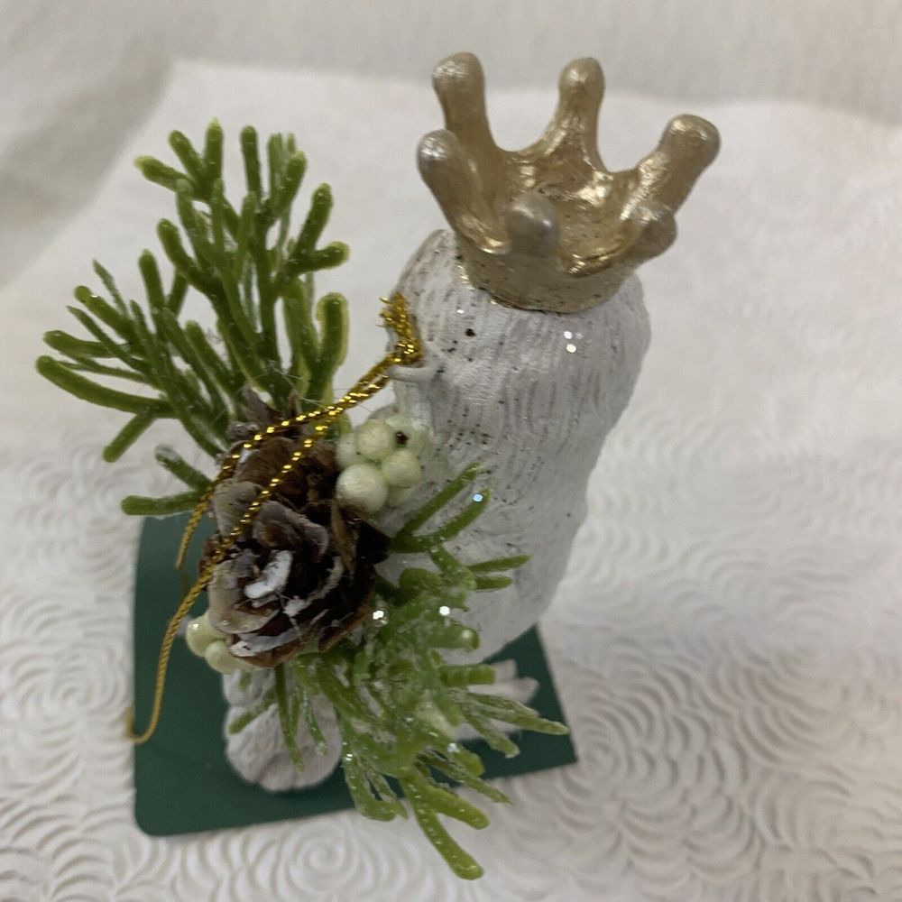 5 Christmas Tree Ornaments Fox Bear Owl with Crowns Ceramic White Green Gold Lot - Picture 10 of 16
